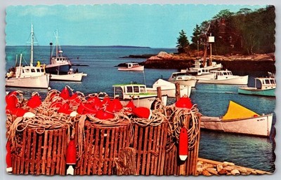 Boothbay Harbor Maine Fishing Boats Lobster Traps Vintage Postcard 1968 C421