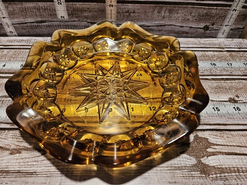 Moon and Stars Pattern Glass AMBER LE SMITH 8” wide Round Coaster Ashtray - Picture 1 of 5