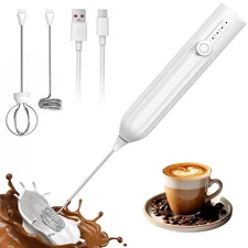 Handheld Milk Frother White Rechargeable with 2 Stainless Heads 3 Speeds