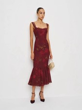 BNWT Reformation Irisa Red Floral Midi Dress Size 6 Ruffle Hem Lace Trim RRP485