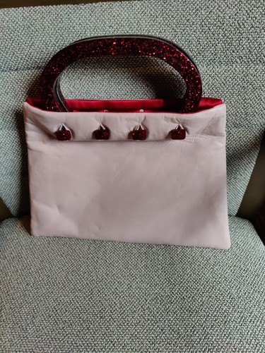 Women's " Hand Maid"by Michelle Frantz Pink Leather Handbag/Purse Gold Push Pins - Picture 5 of 15