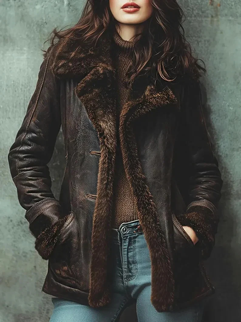 Women’s Shearling Leather Coat Vintage Brown Sheepskin Jacket with Fur Lining US
