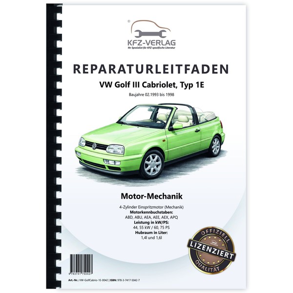 Vw Golf 3 Cabrio 1E 1993-1998 Benzinmotor Mechanik 60-75 Ps Werkstatthandbuch-image