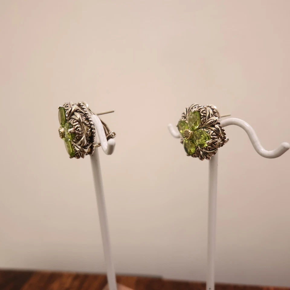 Barbara Bixby earrings flower studs green peridots sterling silver omega 18K - Image 3 of 4