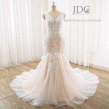 Elegante abito da sposa champagne sirena pizzo abito da sposa n.misura bottoni spalline