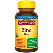 Zinc 30 mg Dietary Supplement for Immune Health and Antioxidant Support 100 T...