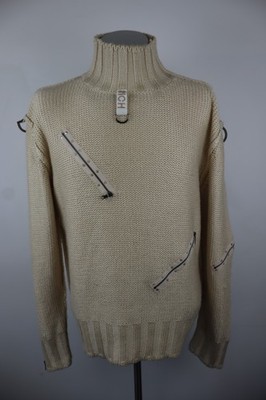 John Richmond Mens Vintage Heavy Beige Acrylic Wool Sweater Size 52 Zip Logo