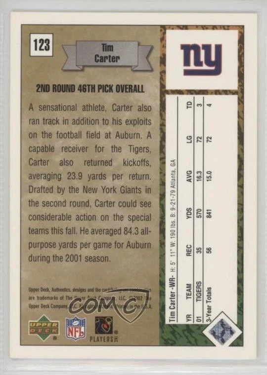2002 UD Authentics Rookies /1000 Tim Carter #123 Rookie RC - Image 2 of 2