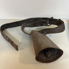 Antique Iron Cowbell with Original Leather Strap