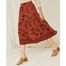Garnet Hill Midi Skirt Pull On Red Orange Floral Crepe Lined Pockets Medium
