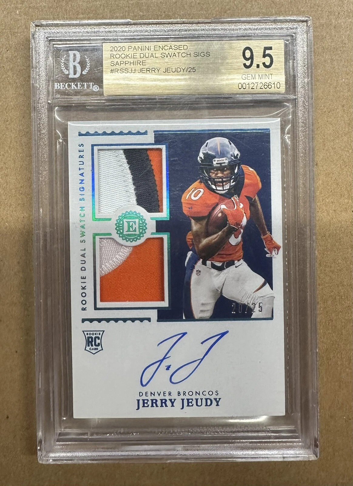Jerry Jeudy Panini Encased Rookie Dual Swatch Signatures #RSSJJ Sapphire