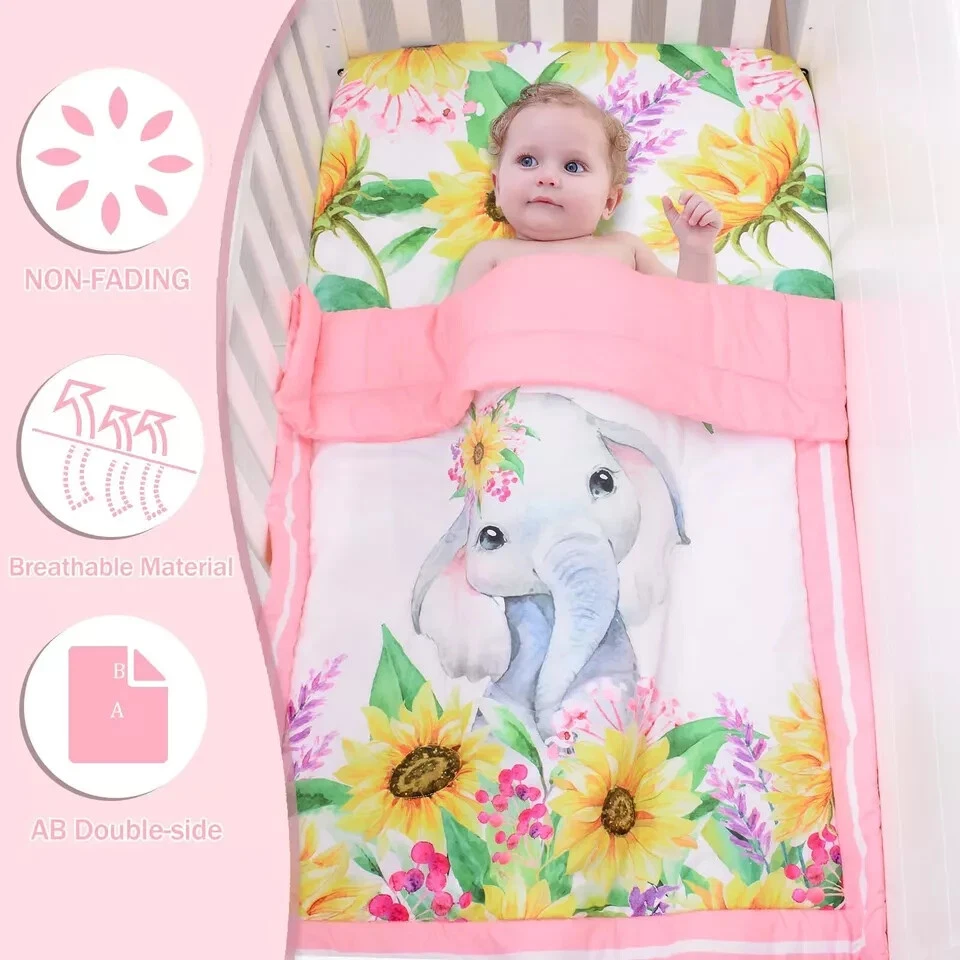 Juego de cama de cuna para bebés niñas - Juego de cama de bebé elefante de 3 piezas incluye... Foto 3 de 4