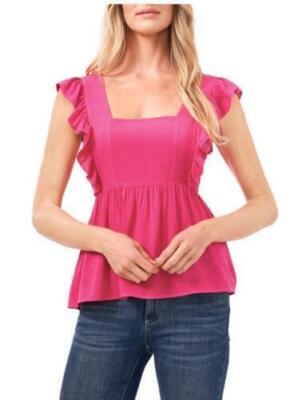 CeCe Top Square Neck Ruffle Blouse In Bright Rose Sz S NEW NWT N170