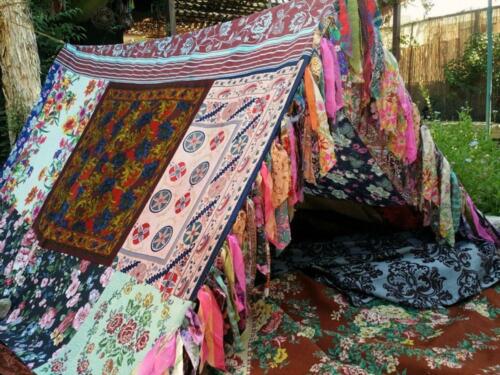 Indian Vintage Silk Sari Multi color Patchwork hippie Boho tent Glamping Decor