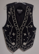 AGAPO Genuine Leather Vest L EUC Ivory on Black Soutache Braid Brass Snaps SALE