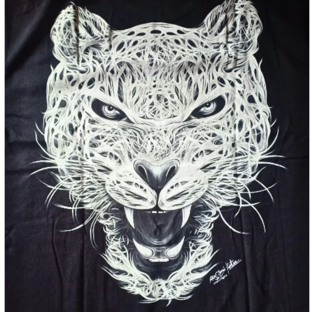 T-Shirt Tiger White 3D Graphic Glow Dark Mens Black Cotton Tee