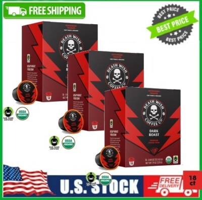 3 Pack Death Wish Coffee, Organic &Fair Trade, Single-Serve Coffee Pods,18 Count