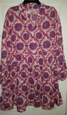La Marey London Womens Tunic Top Size S/M Red & Purple Pattern Long Sleeve NWOT