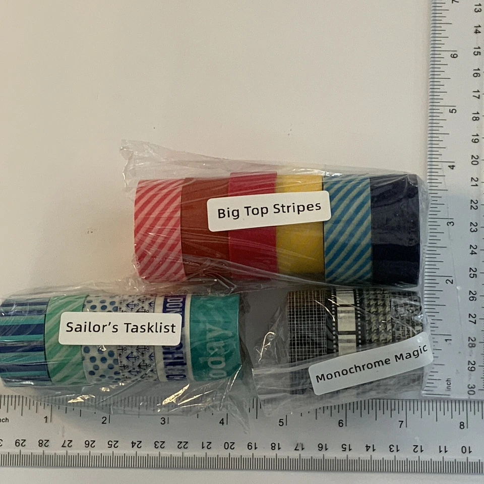 LOTE de 16 rollos de película Washi Tape negro azul rayas de anclaje puntos rojos amarillos Foto 2 de 3