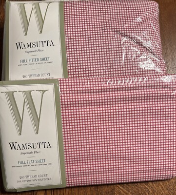 Wamsutta Red Gingham Full Size Sheet Set Fitted & Flat Made In USA Rare HTF NOS