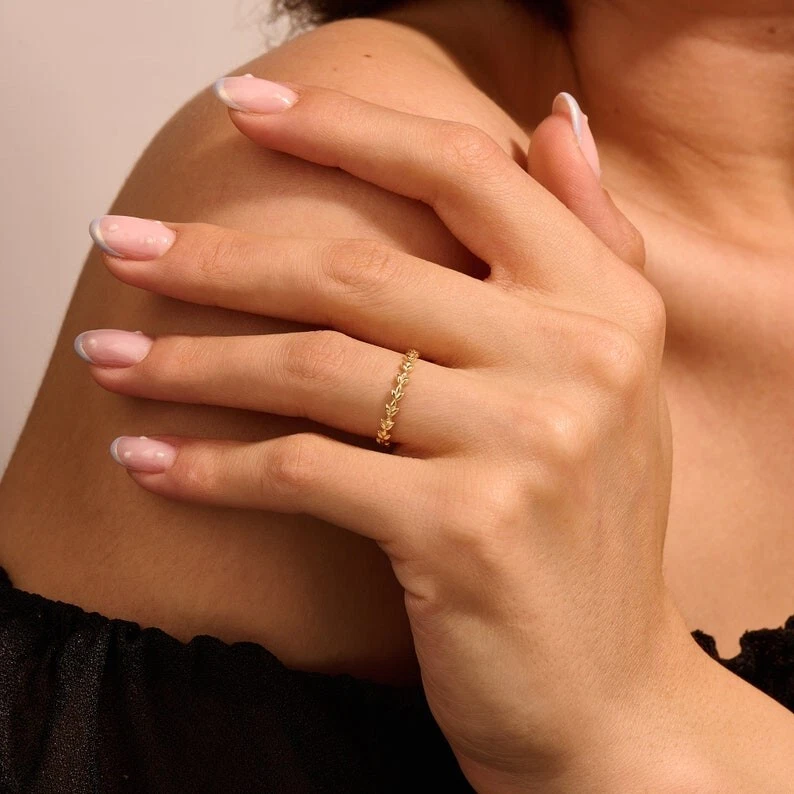 14K Solid Gold Vine Wedding Ring Gold Leaf Stacking Floral Ring Band For Girls. - Image 2 of 4