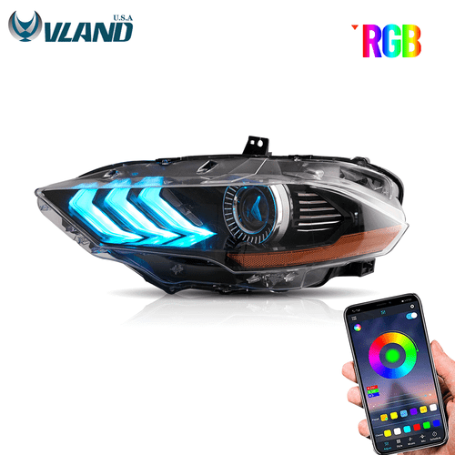 RGB LED Headlights For 2018-2022 Ford Mustang Color Change Lamps Sequential Pair - Picture 2 of 13