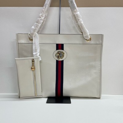 Gucci Rajah Large Leather Tote Bag White Red & Blue Web Stripe