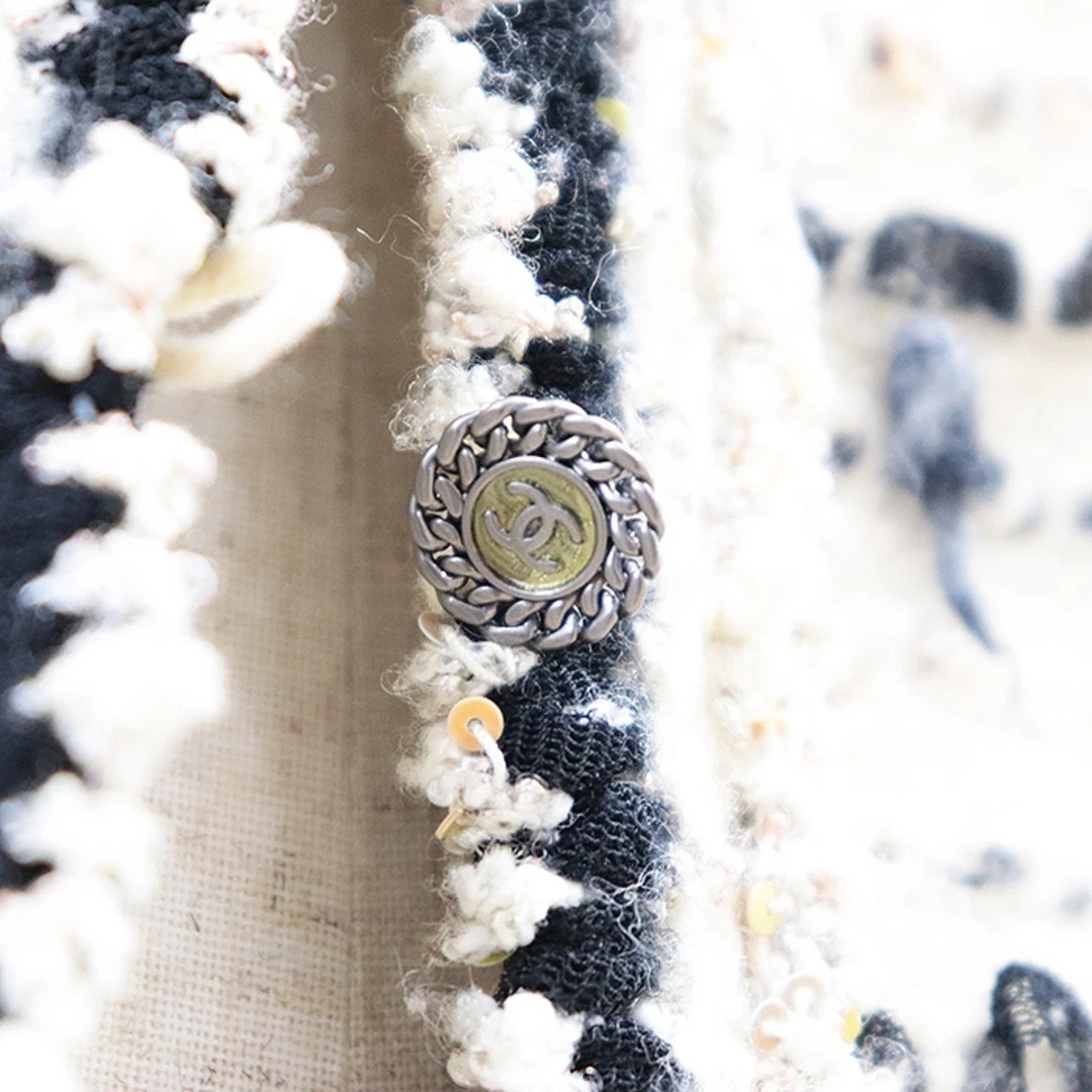 Giacca Chanel 05A P26658 maglia tweed paillettes lana cashmere firma logo Coco Mar