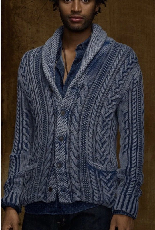 Ralph Lauren XXL Azul Índigo Azul Marino Suéter RRL Polo Cárdigan Tejido con Cable Rugby De Colección Foto 4 de 4