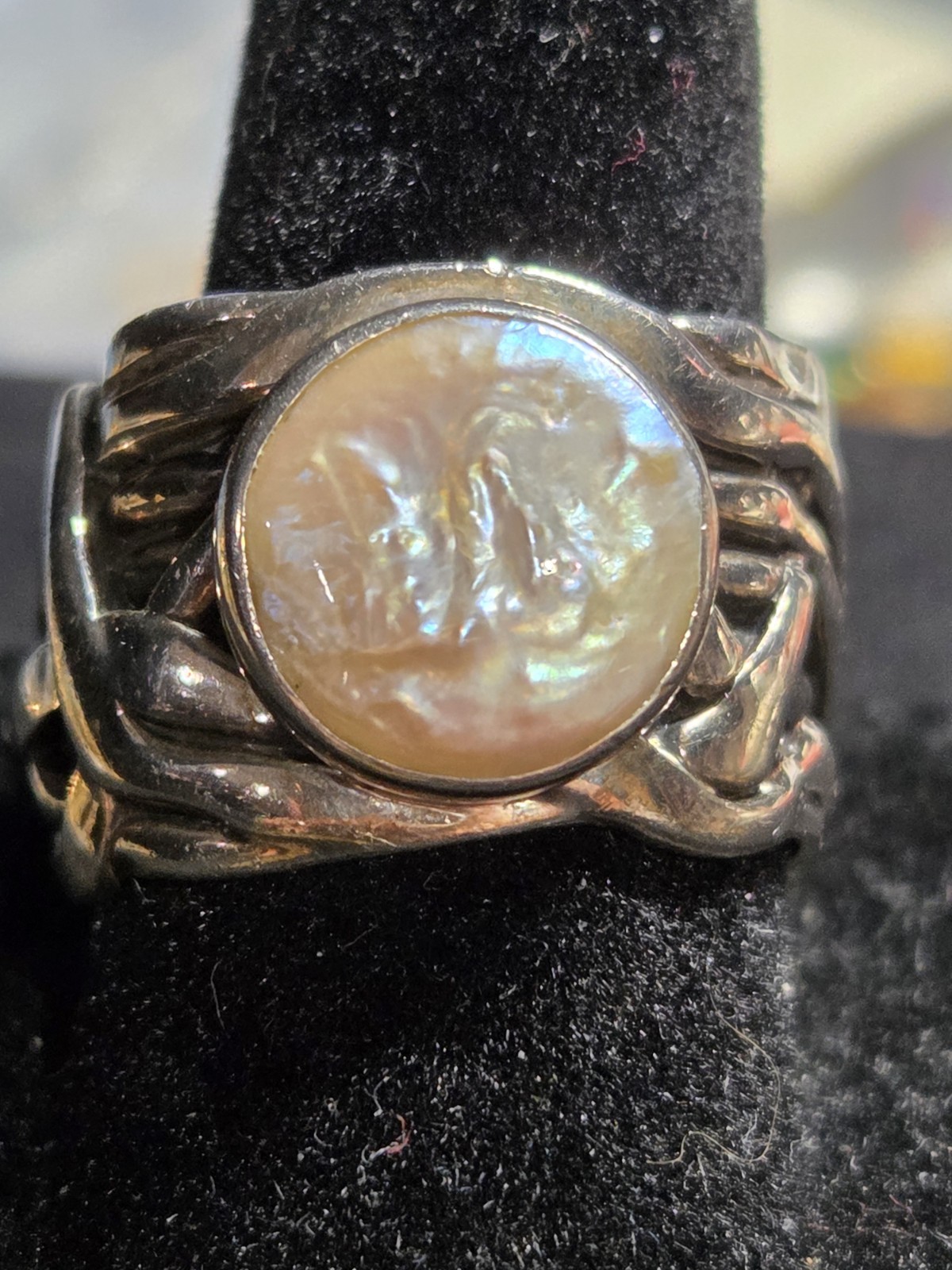 Heavy Artisan Statement Ring W/Luminous Pearl 925… - image 1