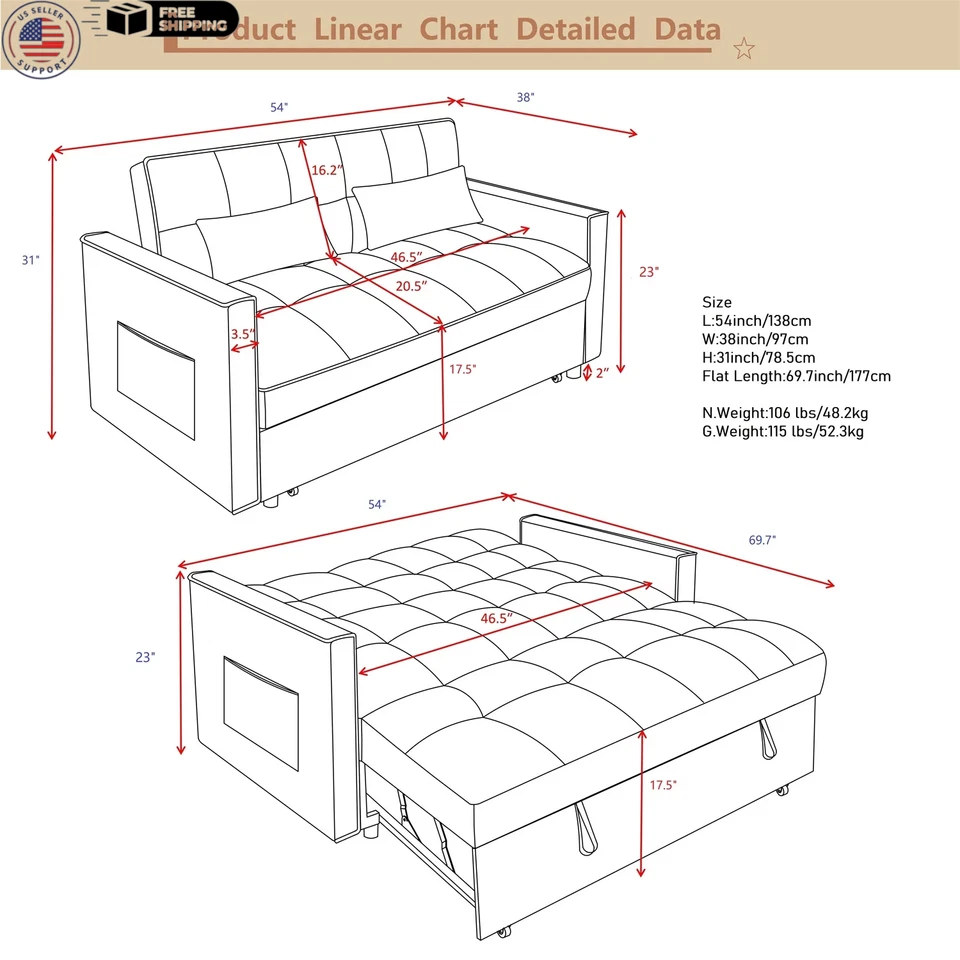 NEW 3-in-1 Convertible Pull Out Sofa Bed Modern Loveseat Sleeper Sofa in Gray - Image 3 of 4