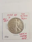 1938 D Walking Liberty Half Dollar EF Key Date Low Mintage 491,600 Rare