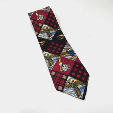 Savvy Mens Necktie Vintage Old Timey Fisherman Rod Reel Fly Red Black 100% Silk