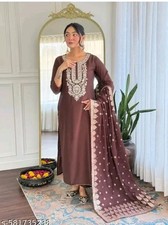 Women Brown Embroidered Kurta Pant Dupatta Set Indian Ethnic Festive Wear S-6Xl