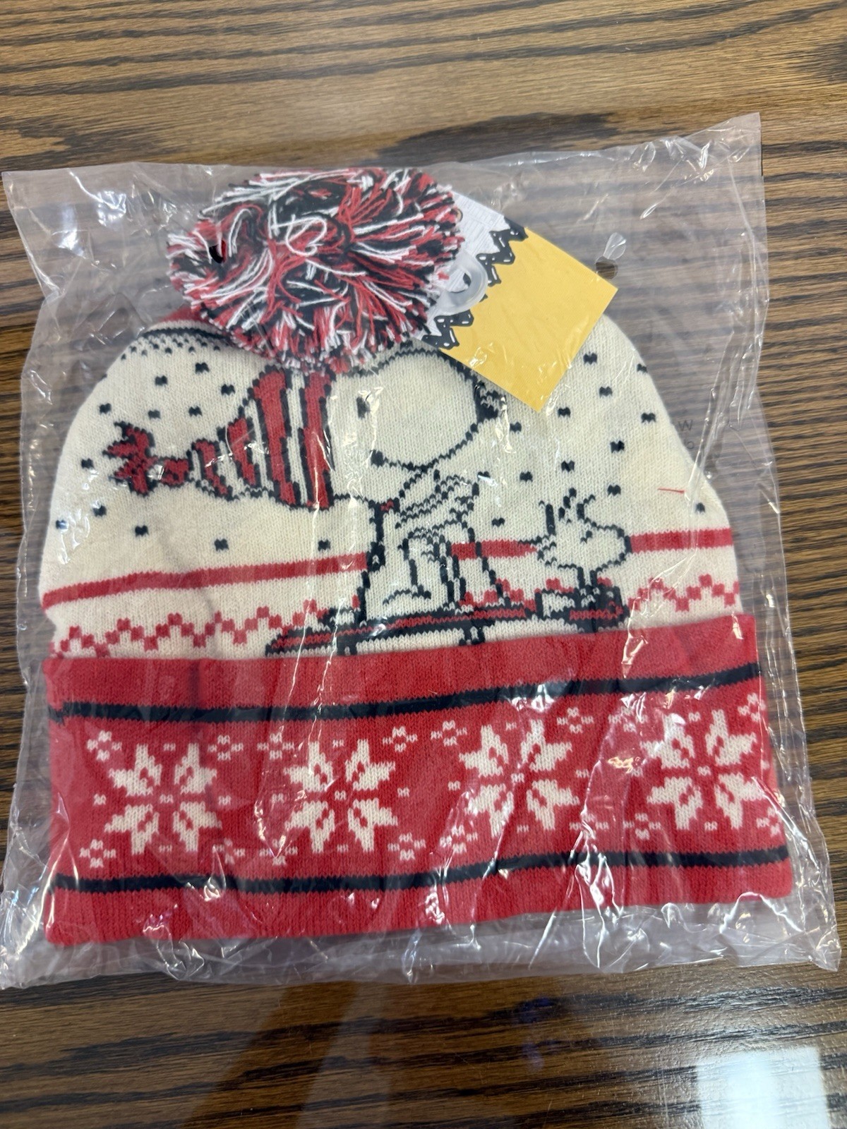 Peanuts Snoopy Beanie w/ Pom One Size Fits All Unisex Red & Gray Stripe
