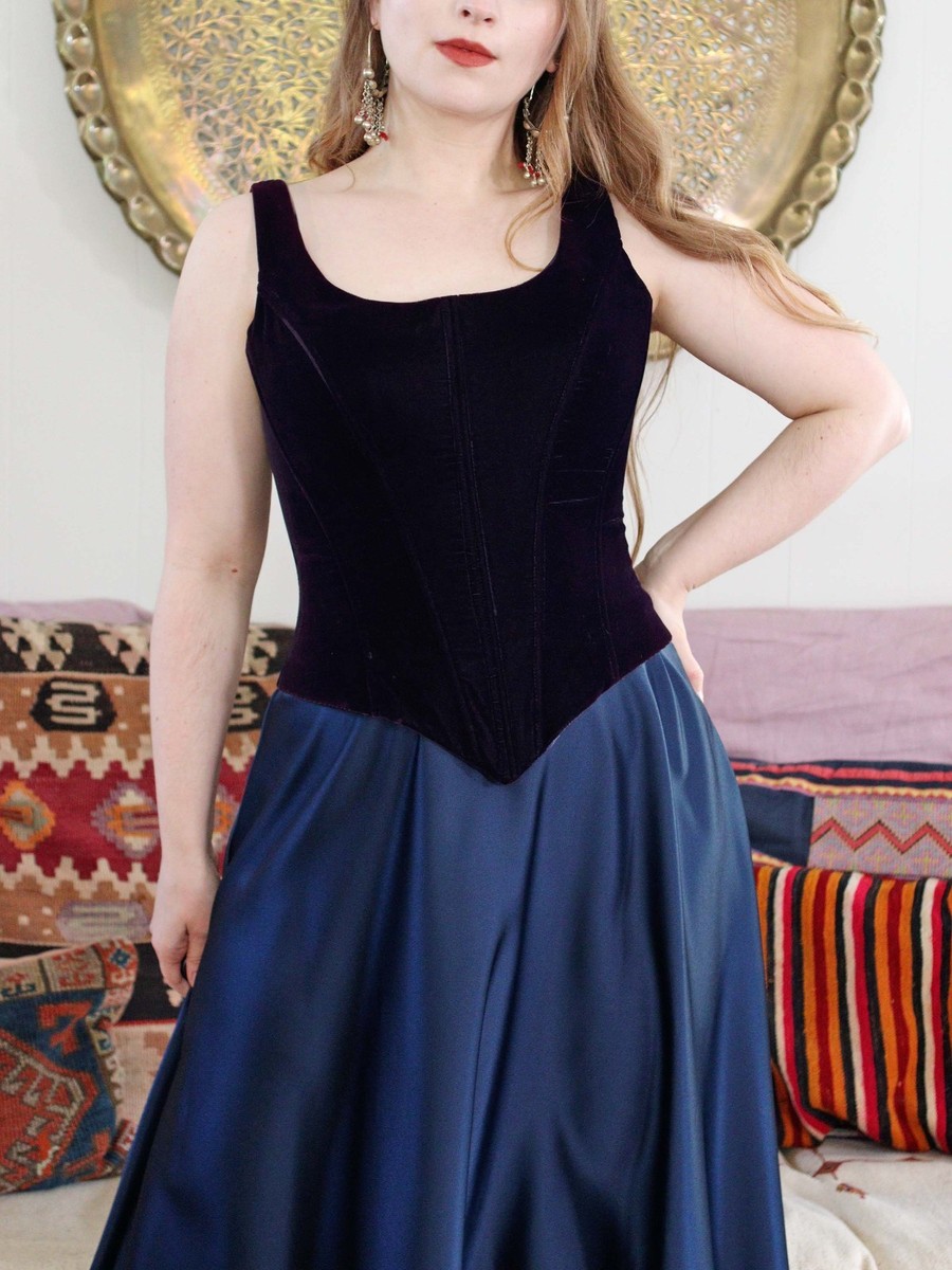 blue velvet corset dress VTG Jessica McClintock 90s Y2K Bodice Basque Waist Prom Navy Anne Klein Linen-Blend Midi Size:LA SCH007312_WR_S Navy blue length hem creates a