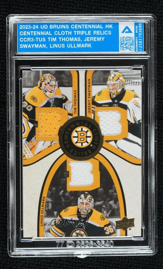 2023 Boston Bruins Centennial Cloth Triple Relics Tim Thomas Jeremy Swayman a6q