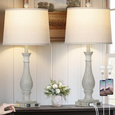27.5" Farmhouse Table Lamps Set of 2 with USB C A Ports  AC Outlet for Gray