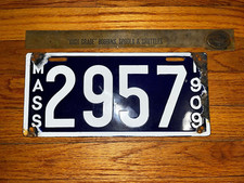 Vintage Massachusetts - License Plate *  MASS 2957 1909 *  Porcelain - Man Cave