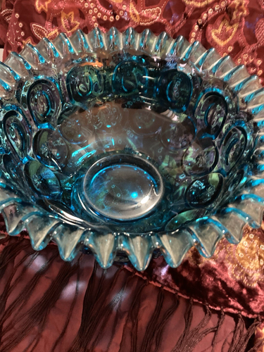 Vintage Blue LE Smith Moon and Stars Footed Bowl, Ruffled Edge 6 1/2"T 10 in"W - Picture 2 of 8