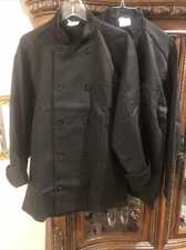 (2) New Black Chef Coat, Double Breasted Buttons, Long Sleeve, Size: M