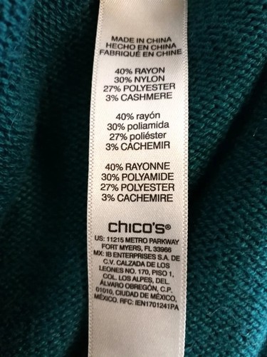 Chicos Womens Sweater 3 XL 16 Cashmere Blend Green Knit Pullover Top Long Sleeve - Picture 4 of 4