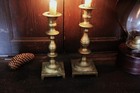 Antique 18th century English Brass candle sticks , footed , excellent turnings