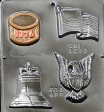 American Assortment ( Flag Eagle Drum Liberty Bell )Choc. Candy Mold 1273 NEW