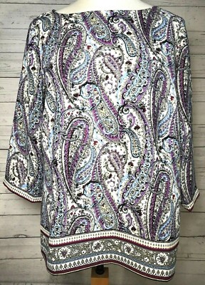 J.Jill Violet Adara Tunic Top Paisley Faux wrap Size Medium PETITE 3/4 Sleeve 