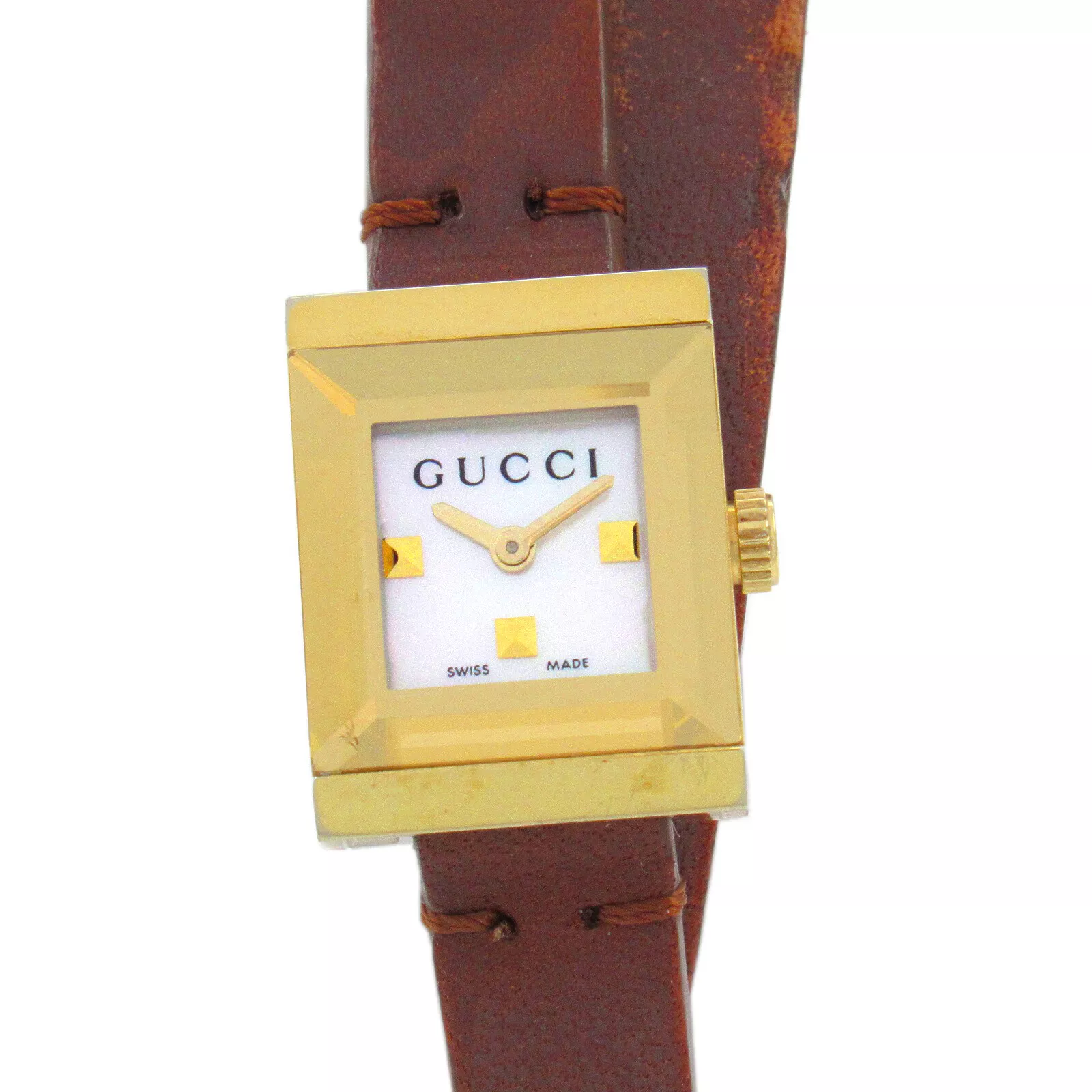 Montre Bracelet GUCCI 128,5 Quartz Ceinture Cuir Plaqué Or Occasion Femme