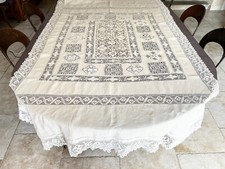 Nappe XIXem en lin et broderie main, linge de maison ancien