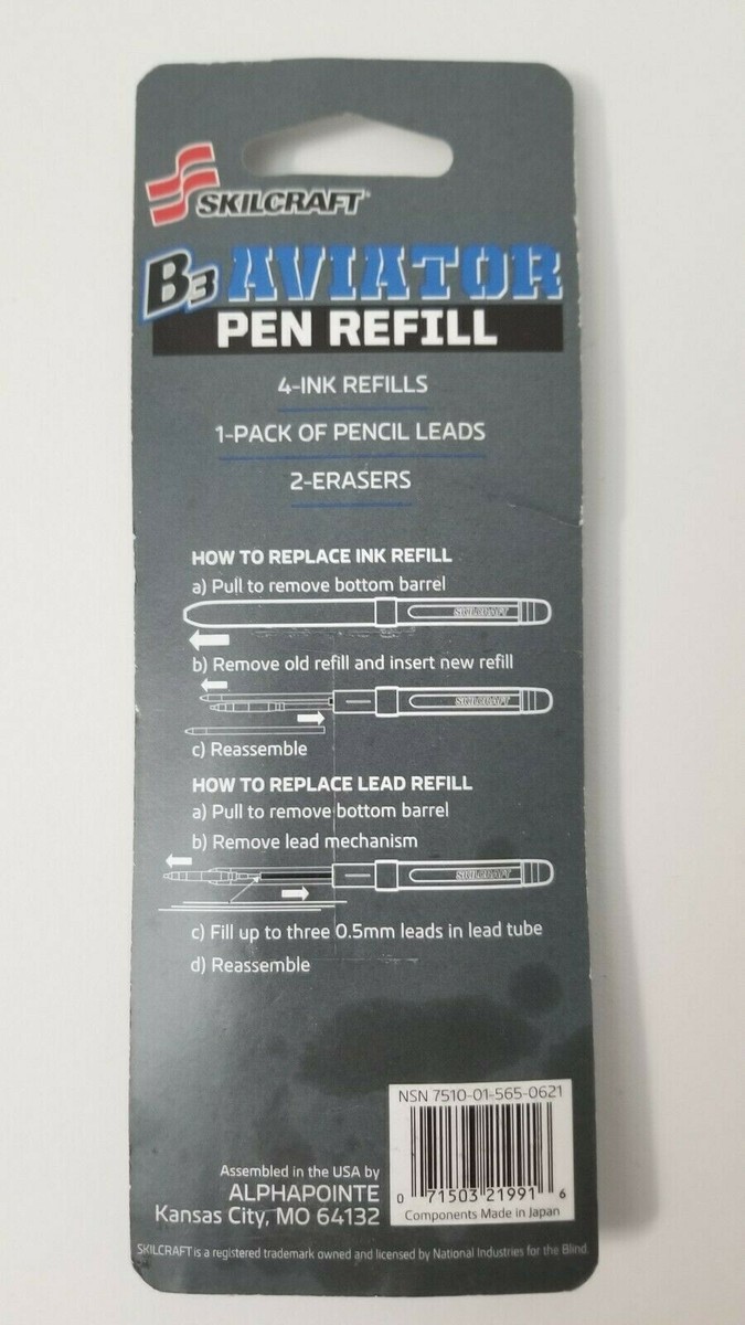 SkilCraft B3 Aviator Pen Refill #7510-01-565-0621 2-BK,1-BL,1-RD