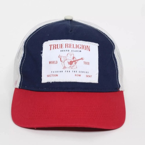 True Religion Snapback Hat Mesh Trucker Cap Navy White Frayed Edge Buddha Logo