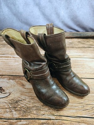 Frye Carmen Brown Leather Moto Harness Heeled Pull On Slouchy Mid Calf Boots 8B